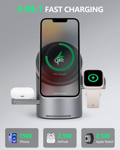 3 in 1 Auto Rotation Wireless Charging Station, Mag-Safe Stand